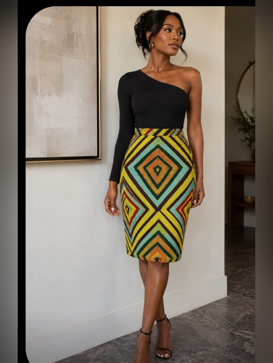 Dresses & Skirts - Geometric Diamond-Print Midi Skirt in Yellow and Green